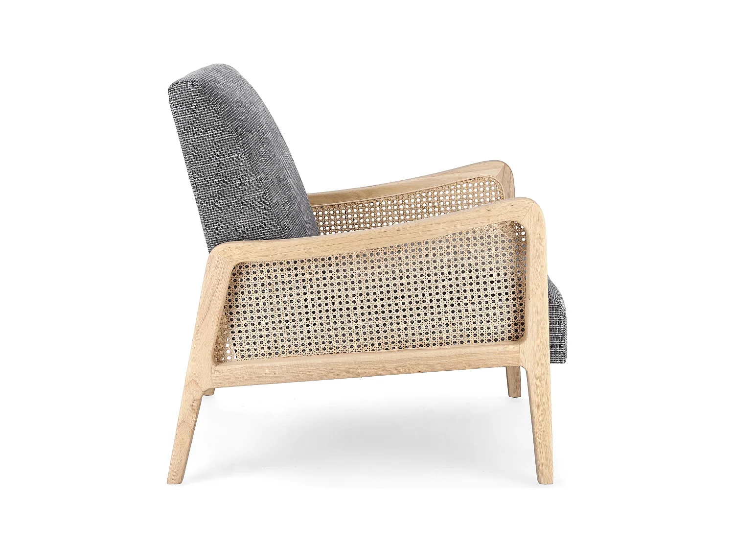 Fauteuil en bois de pin et rotin assise tissu gris foncé Denvar 68cm