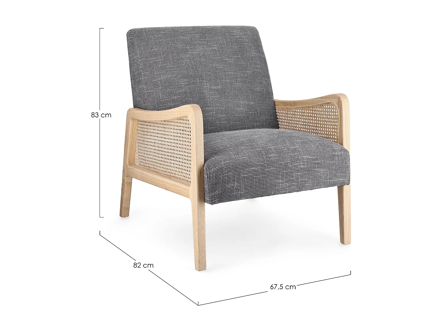 Fauteuil en bois de pin et rotin assise tissu gris foncé Denvar 68cm