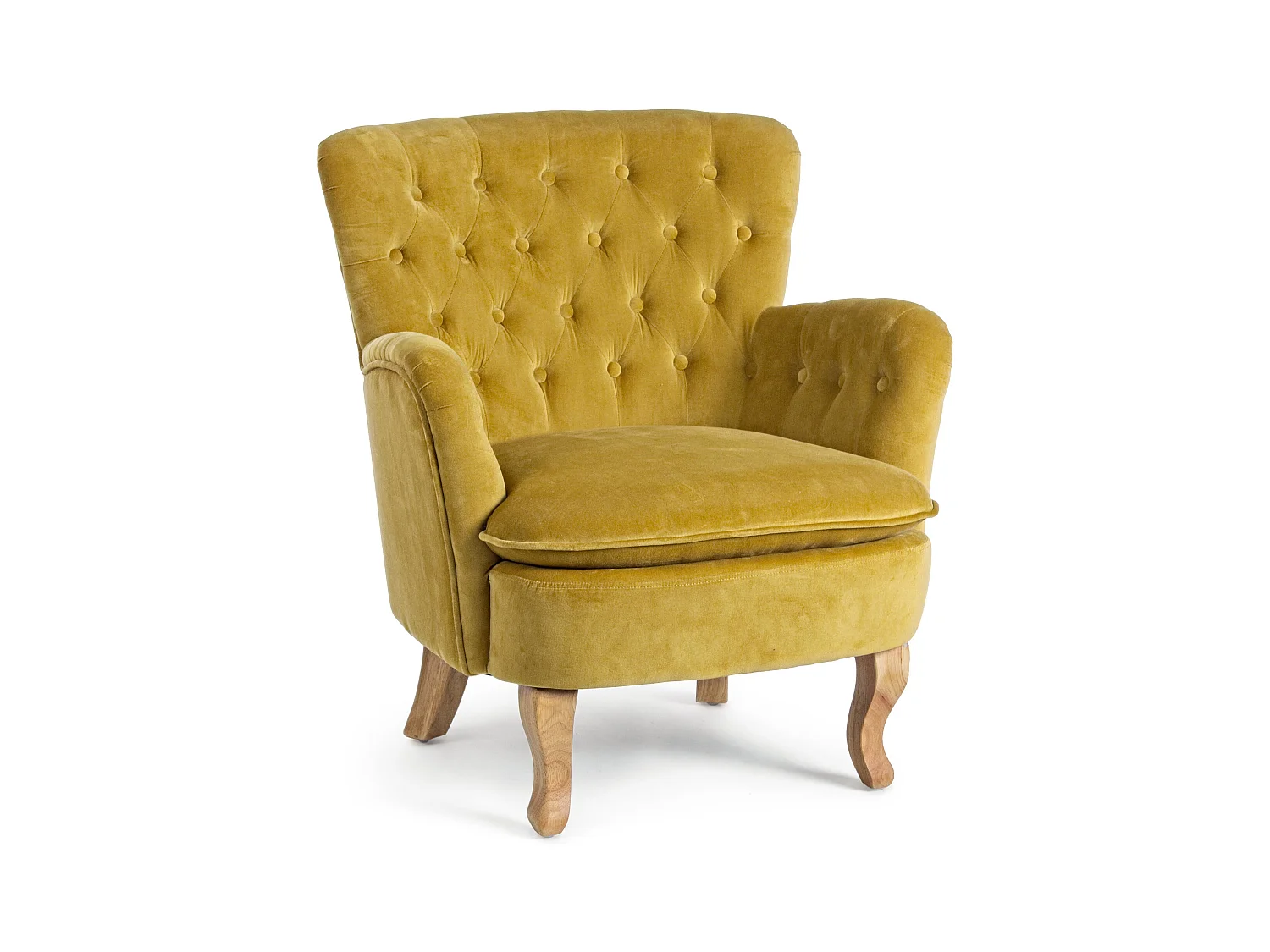 Gele katoenen fauteuil Oria en poten van natuurlijk hout