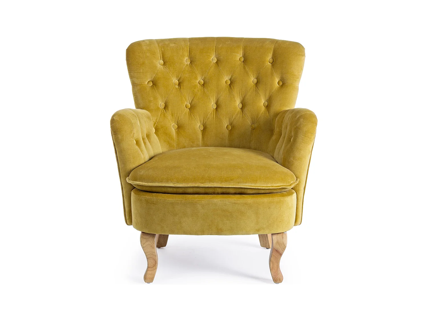 Gele katoenen fauteuil Oria en poten van natuurlijk hout