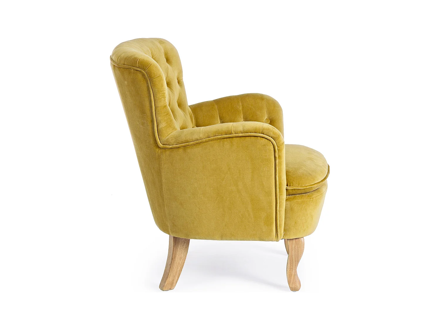 Gele katoenen fauteuil Oria en poten van natuurlijk hout