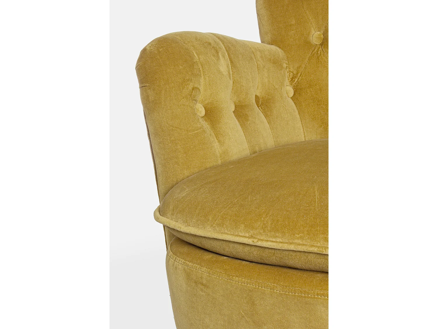 Gele katoenen fauteuil Oria en poten van natuurlijk hout