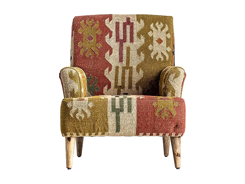 Sillón Kovet de tela estampada multicolor y patas de madera maciza de mango