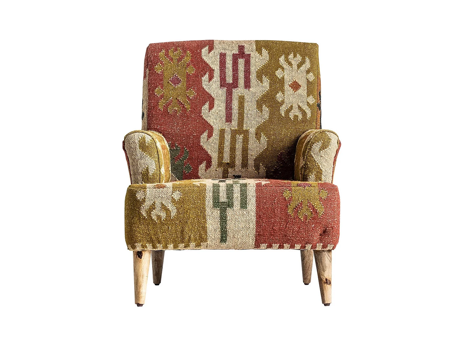 Sillón Kovet de tela estampada multicolor y patas de madera maciza de mango