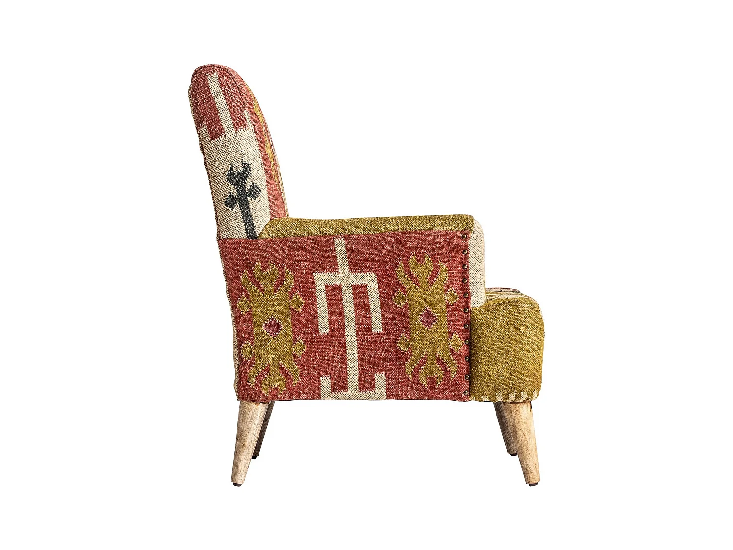 Sillón Kovet de tela estampada multicolor y patas de madera maciza de mango