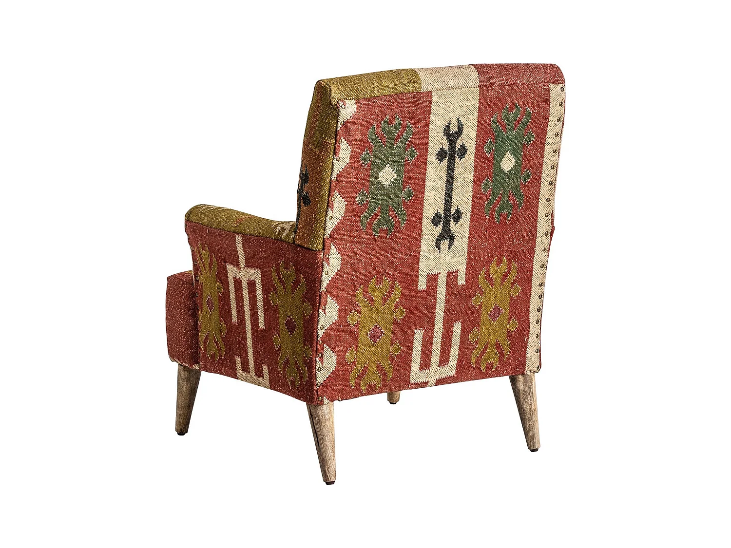 Sillón Kovet de tela estampada multicolor y patas de madera maciza de mango