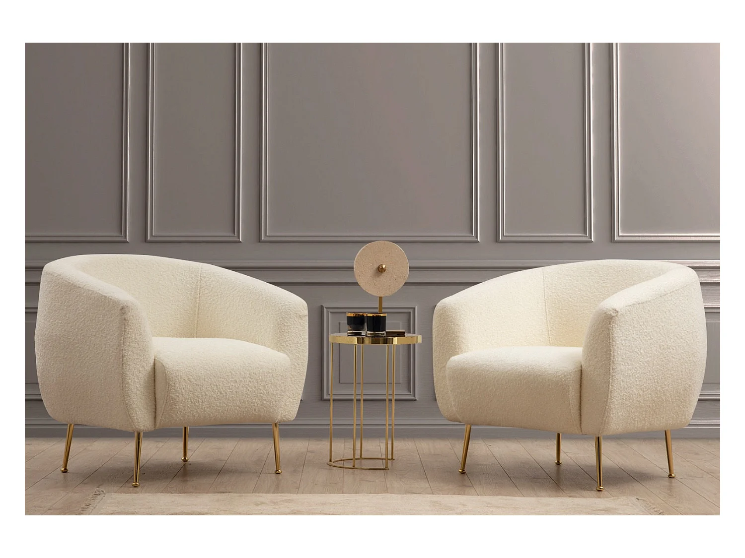 Fauteuil tissu coton bouclé ultra doux crème Tazany 70cm