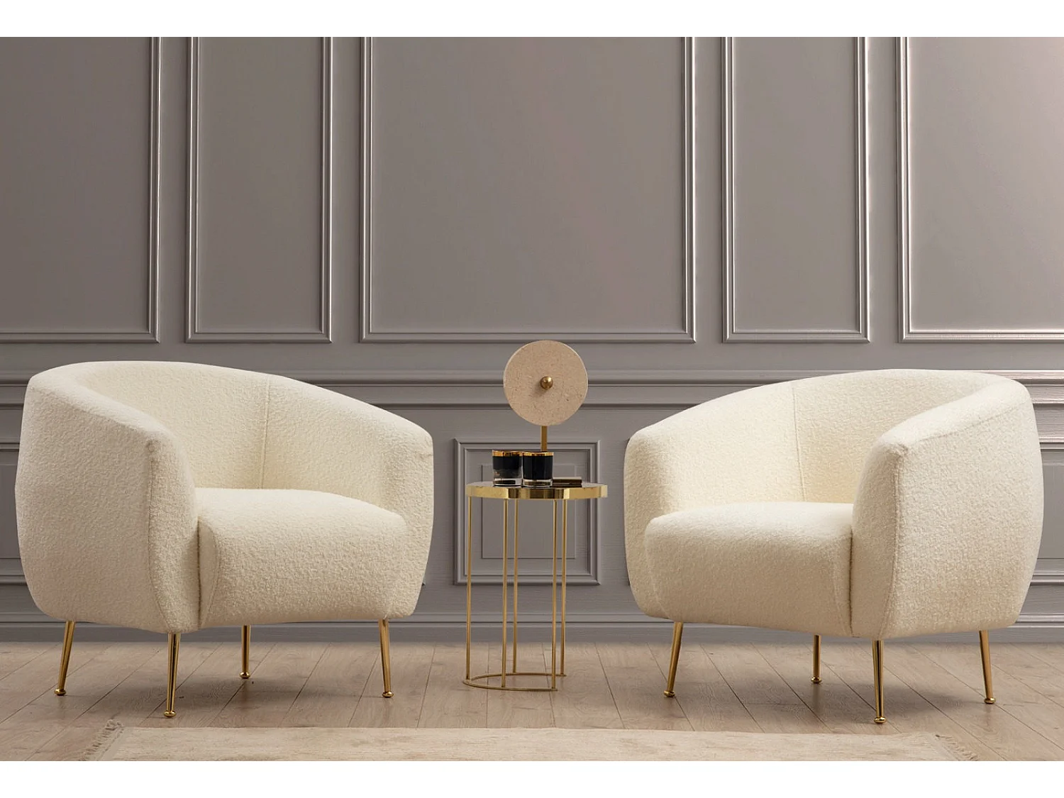 Fauteuil tissu coton bouclé ultra doux crème Tazany 70cm