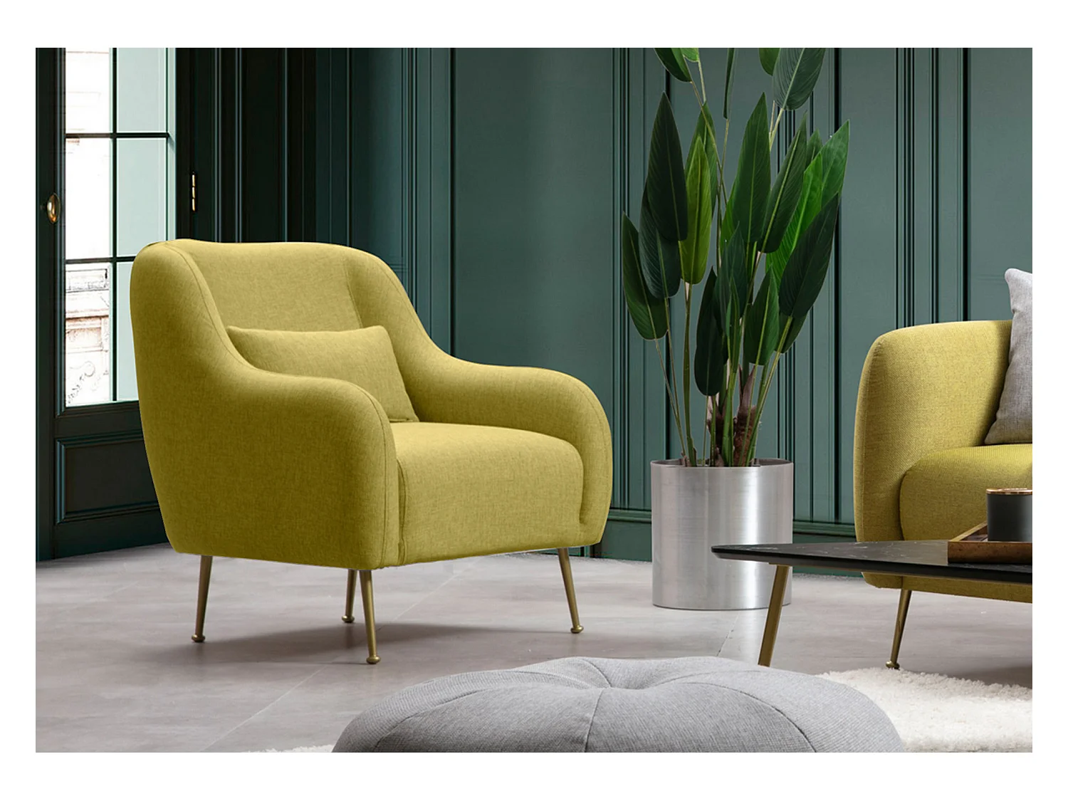 Fauteuil moderne tissu jaune et piéds métal doré Kezila 78cm