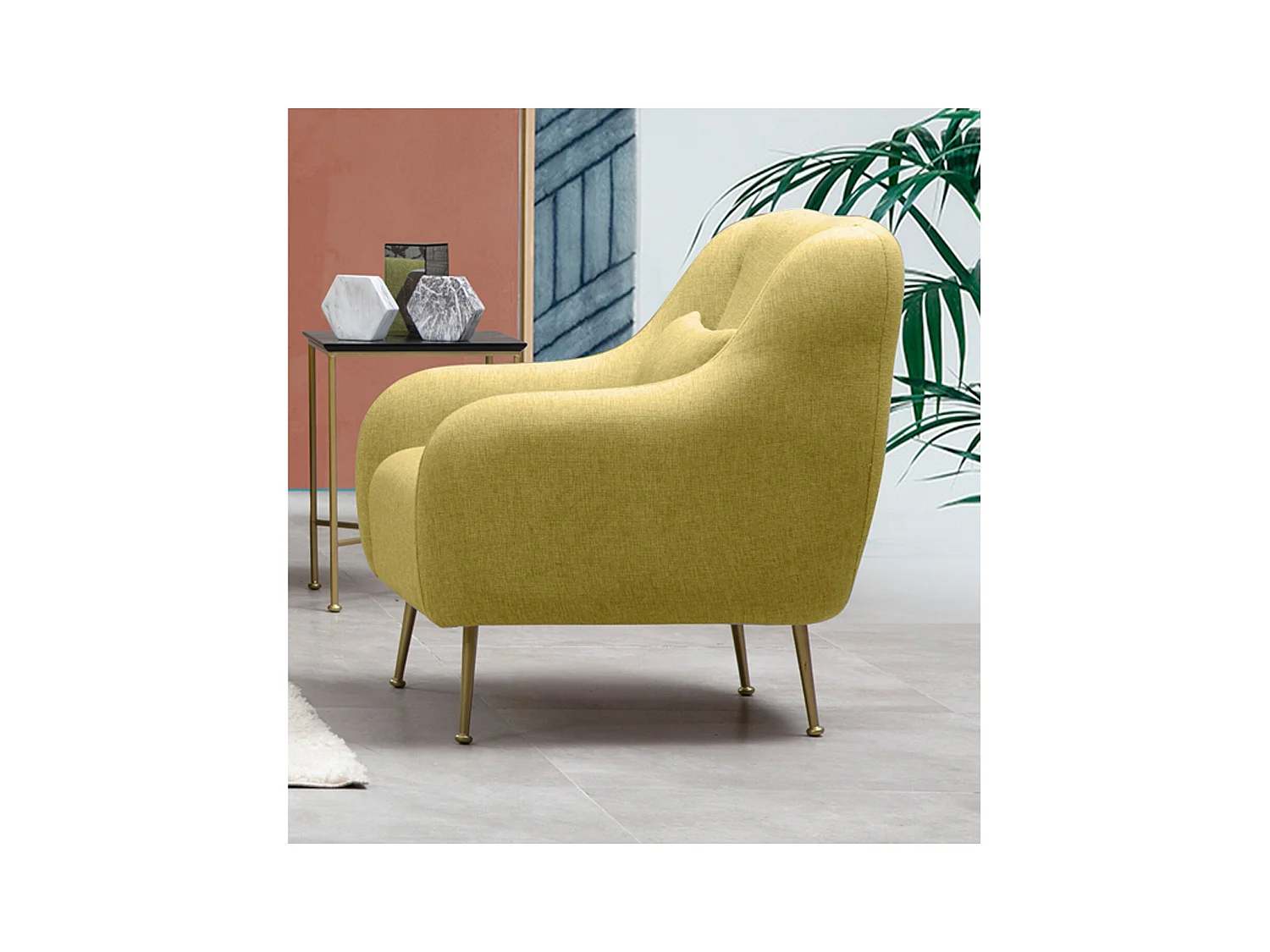 Fauteuil moderne tissu jaune et piéds métal doré Kezila 78cm
