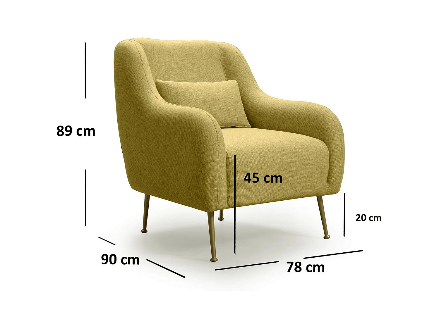 Fauteuil moderne tissu jaune et piéds métal doré Kezila 78cm