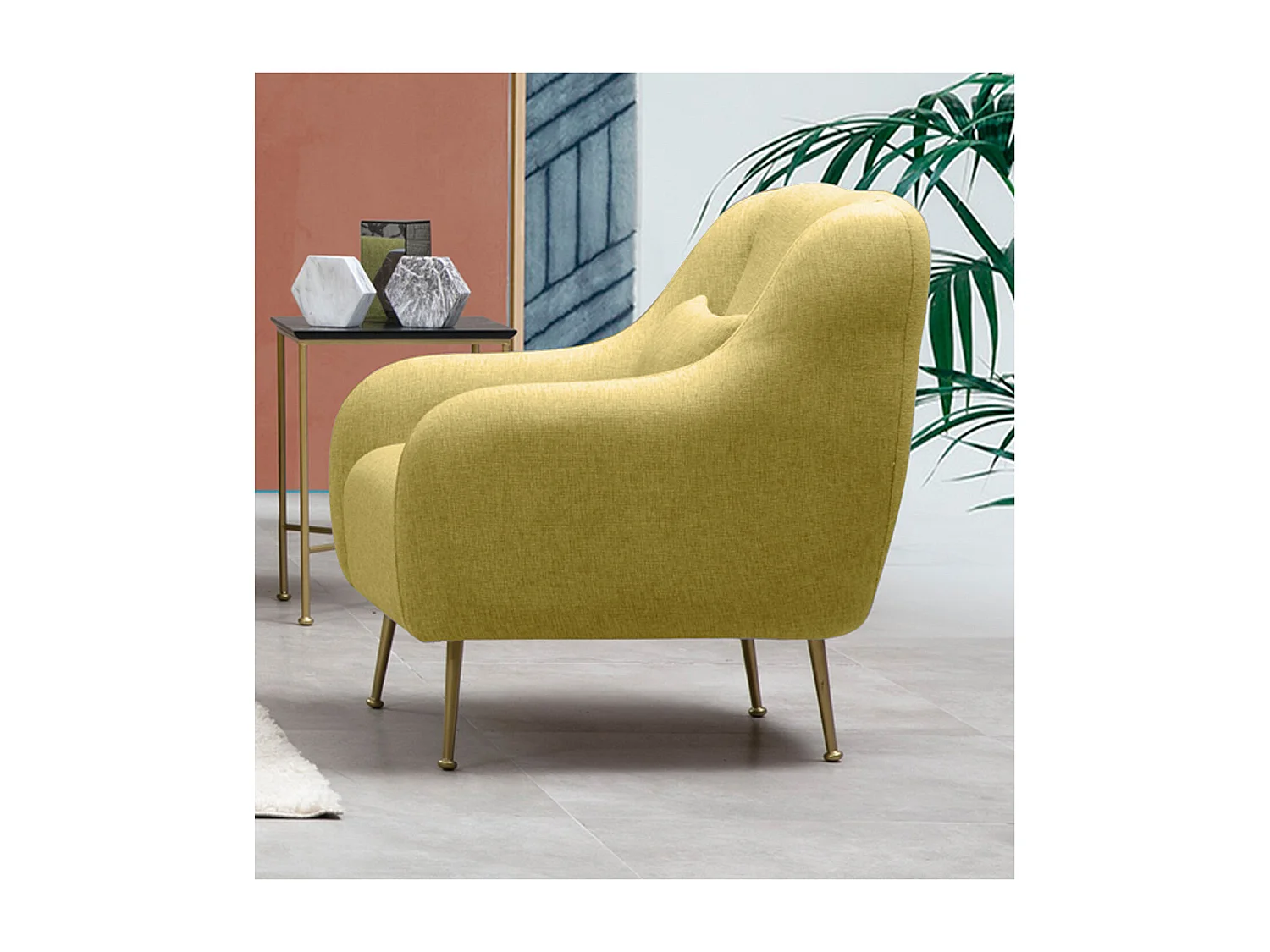 Fauteuil moderne tissu jaune et piéds métal doré Kezila 78cm