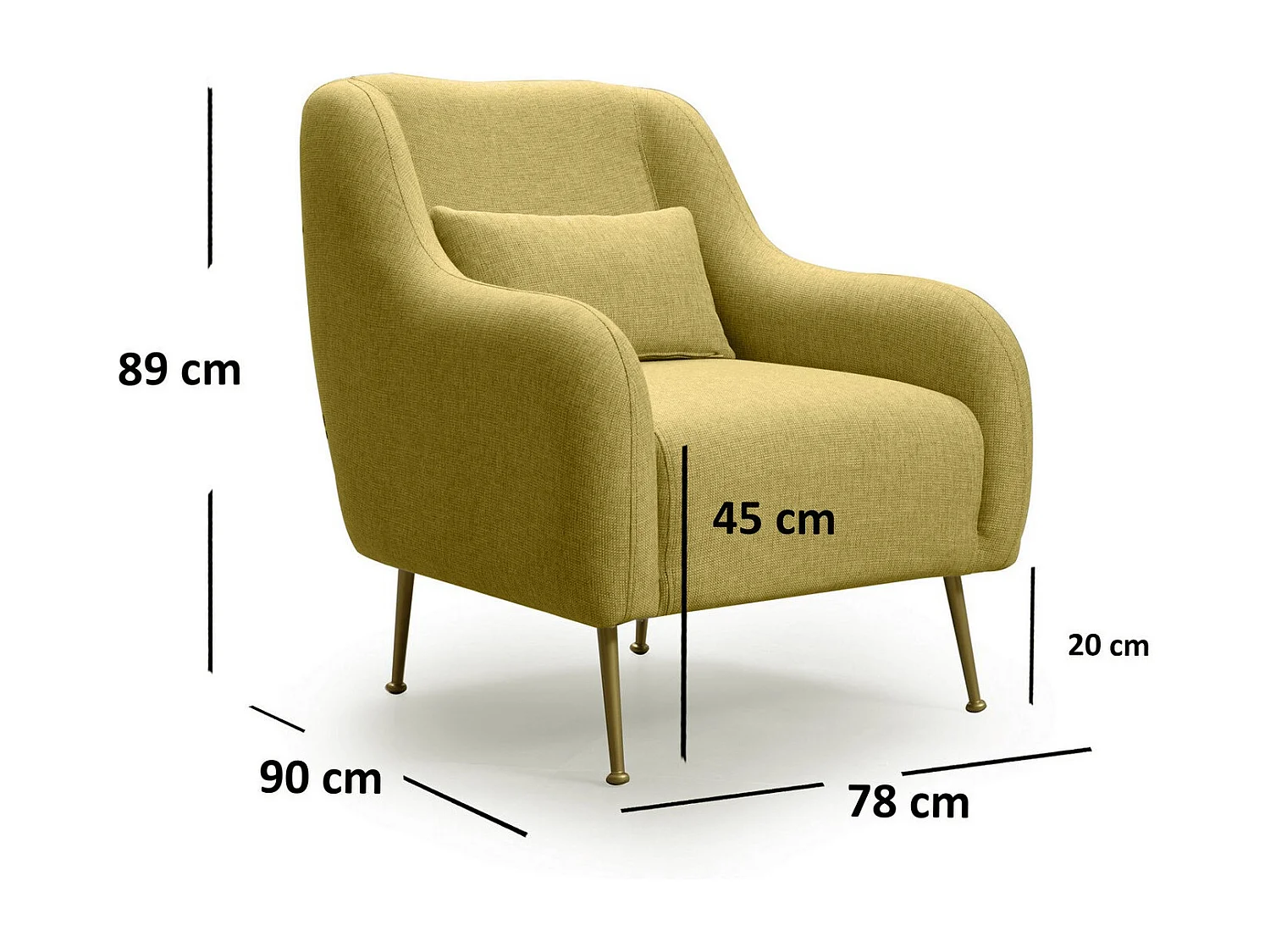 Fauteuil moderne tissu jaune et piéds métal doré Kezila 78cm