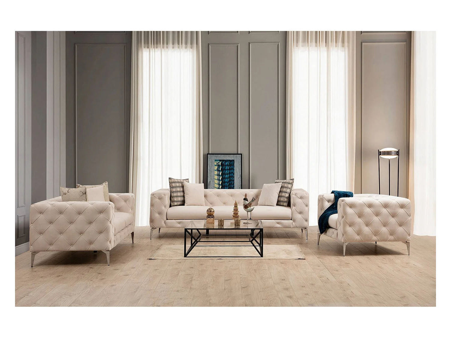 Fauteuil capitonné velours beige clair et pieds chromés Herakles 108cm