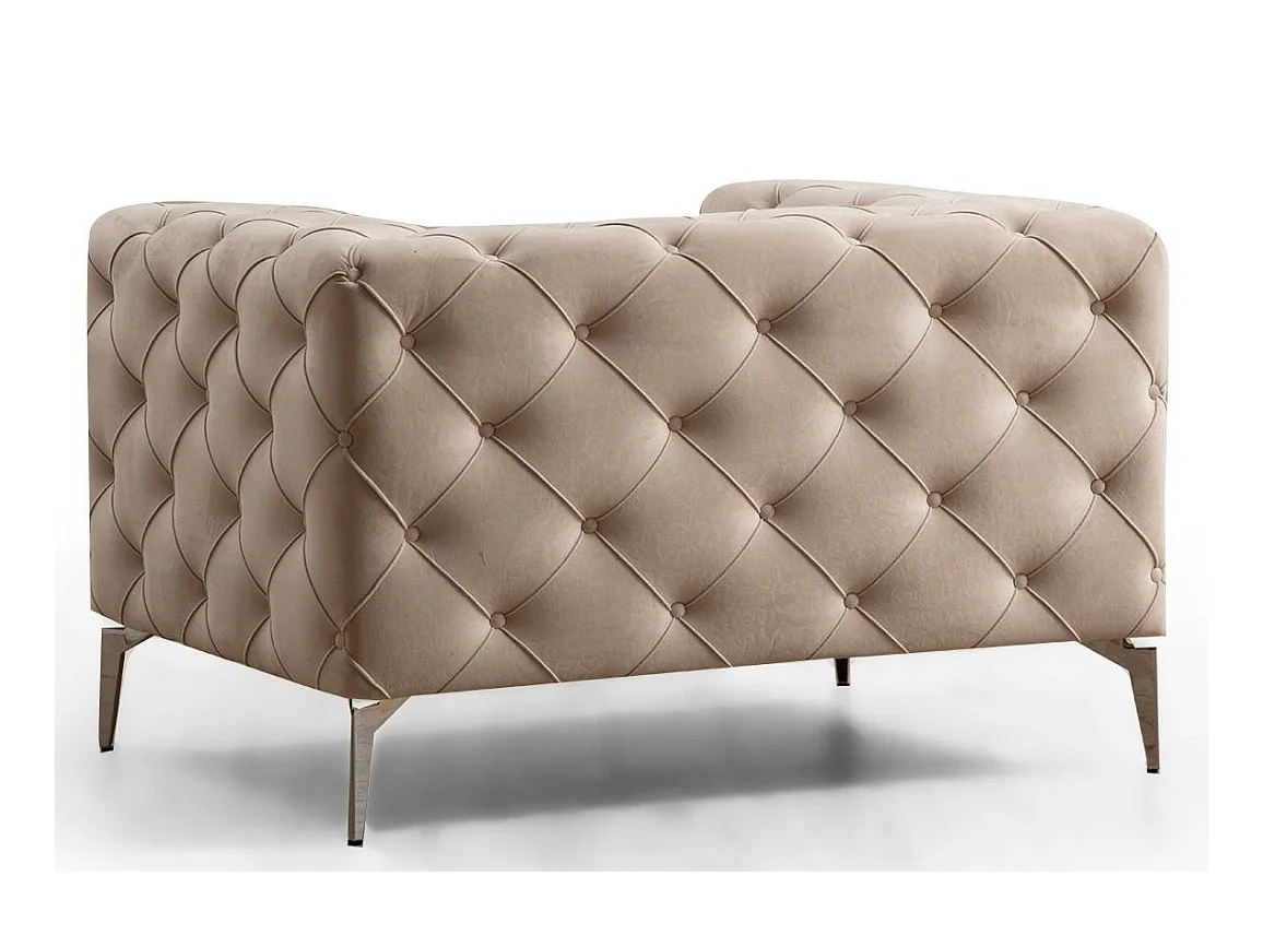 Fauteuil capitonné velours beige clair et pieds chromés Herakles 108cm