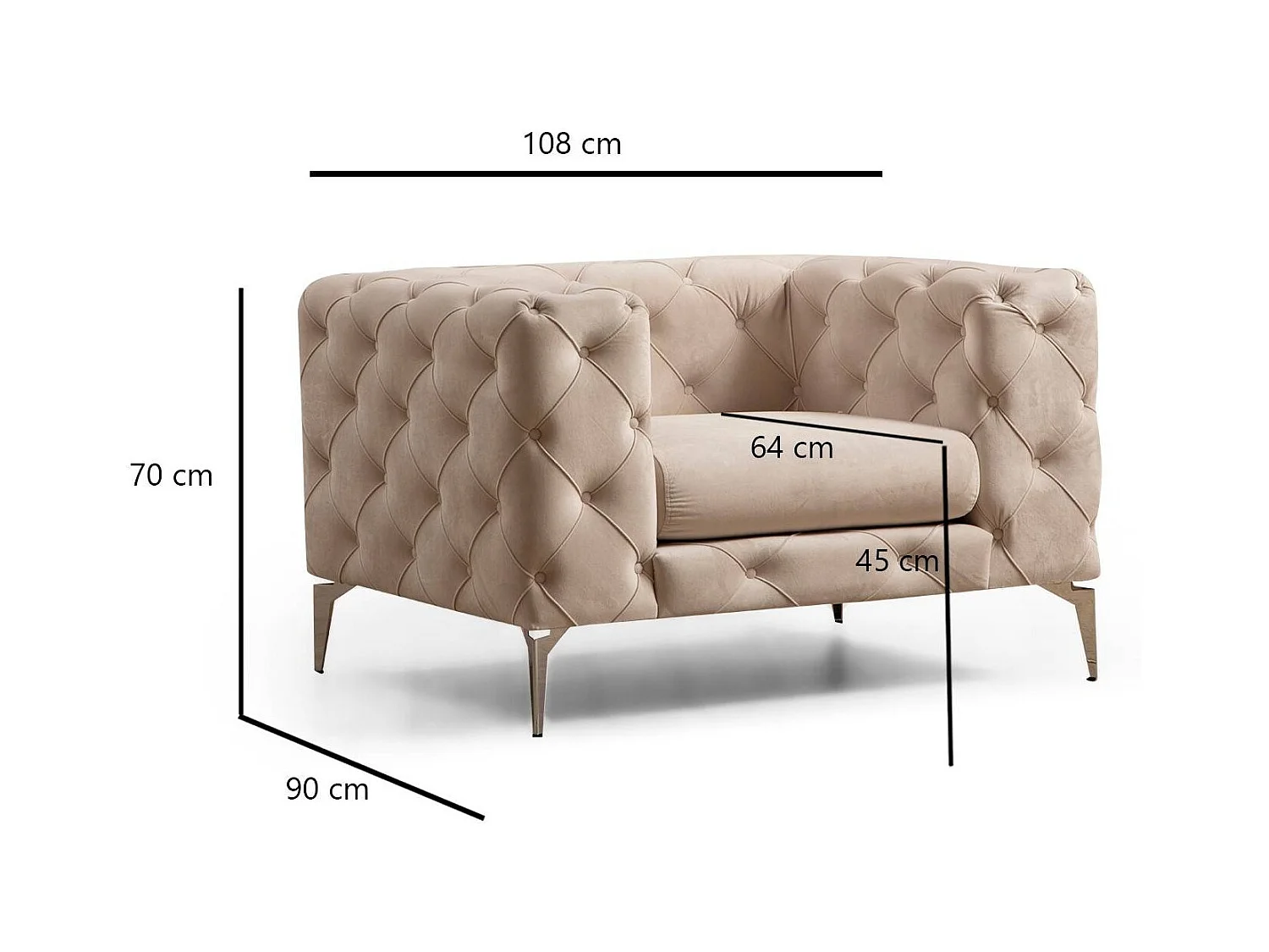 Fauteuil capitonné velours beige clair et pieds chromés Herakles 108cm