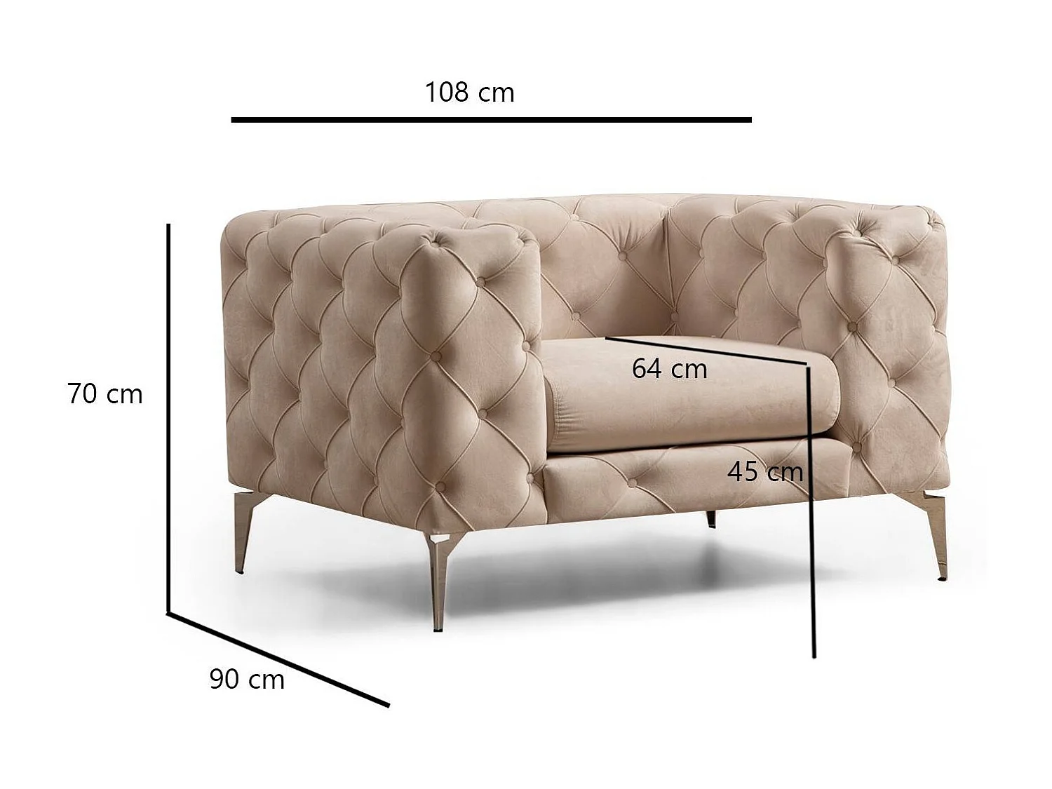 Sillón Herakles acolchado de terciopelo beige claro y patas cromadas 108 cm