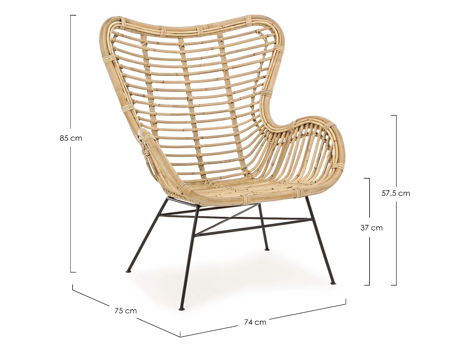 Fauteuil en rotin bois clair et pieds en acier Cassi - Lot de 4
