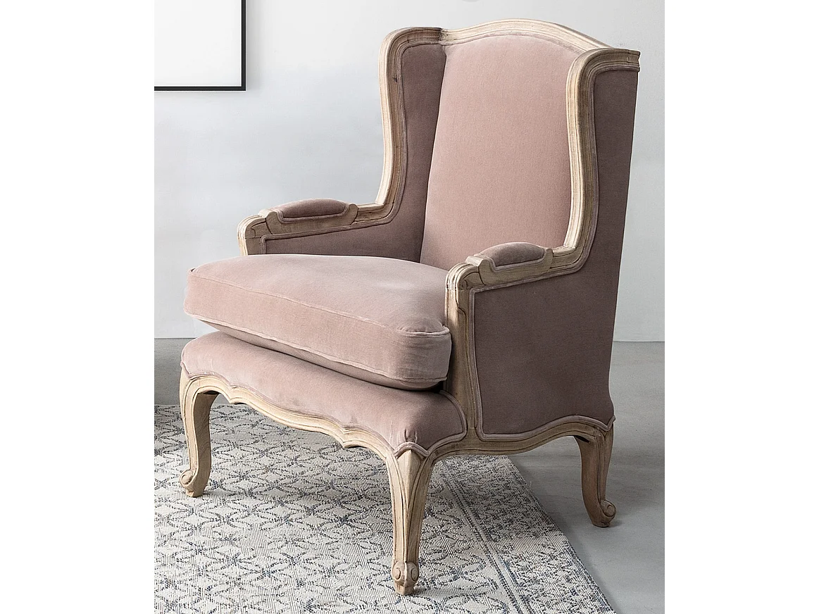 Fauteuil polyester rose et pieds en bois de manguier Luna
