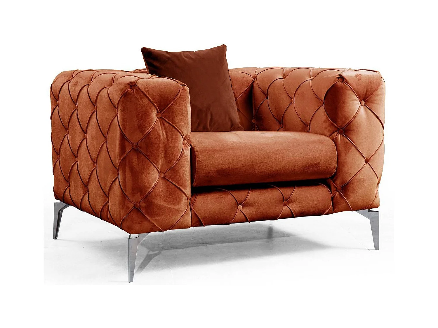 Fauteuil capitonné velours orange et pieds chromés Herakles 108cm