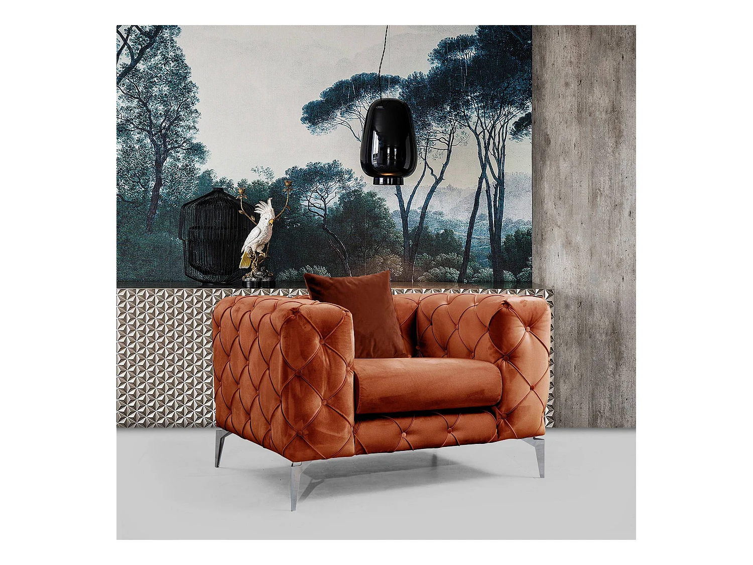 Fauteuil capitonné velours orange et pieds chromés Herakles 108cm