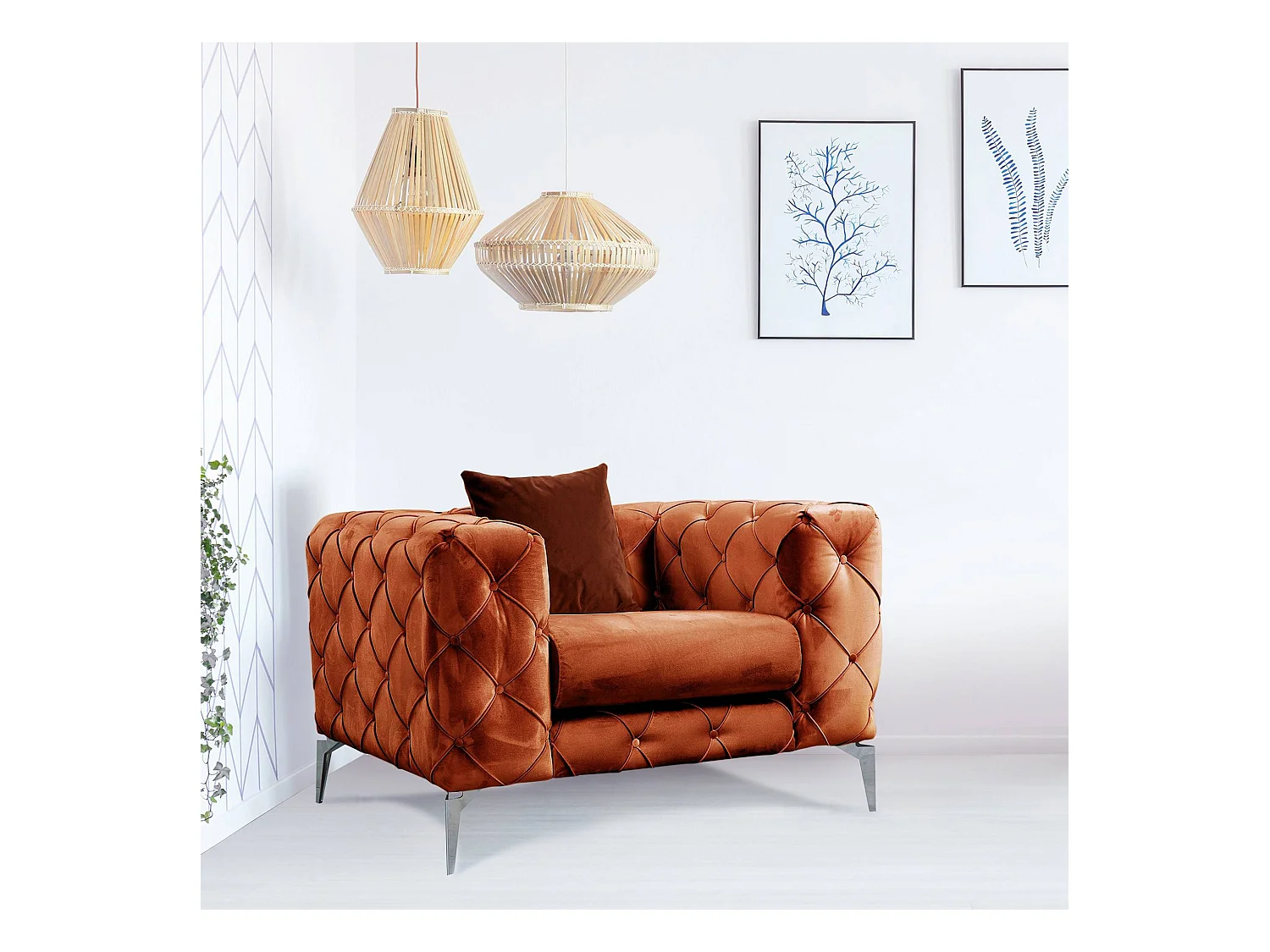 Fauteuil capitonné velours orange et pieds chromés Herakles 108cm