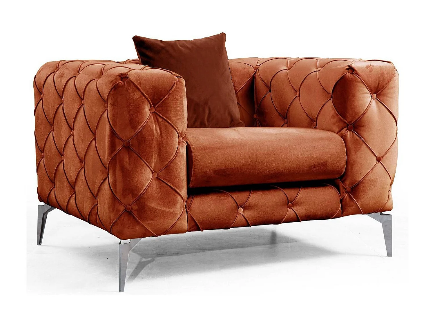Fauteuil capitonné velours orange et pieds chromés Herakles 108cm