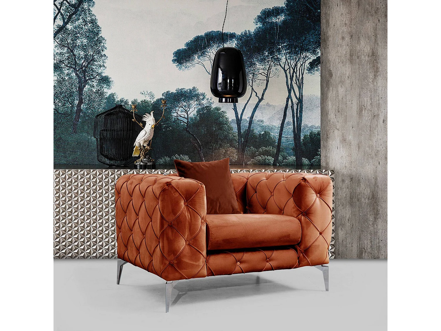 Fauteuil capitonné velours orange et pieds chromés Herakles 108cm