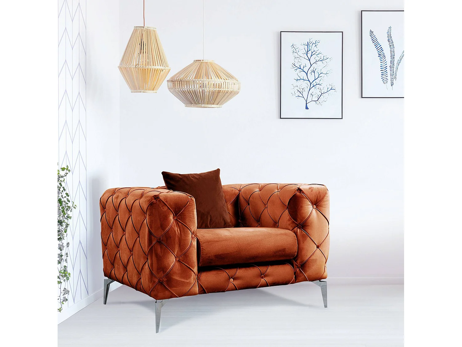 Fauteuil capitonné velours orange et pieds chromés Herakles 108cm