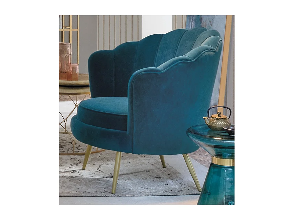 Gala fluwelen fauteuil met gouden metalen poten, 80 cm-Kleur Blauwe Eend
