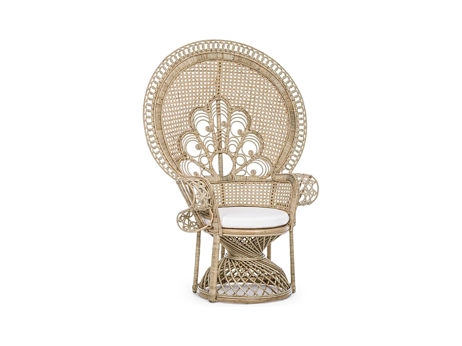 Pauwvormige fauteuil van natuurlijk rotan met Pero kussen