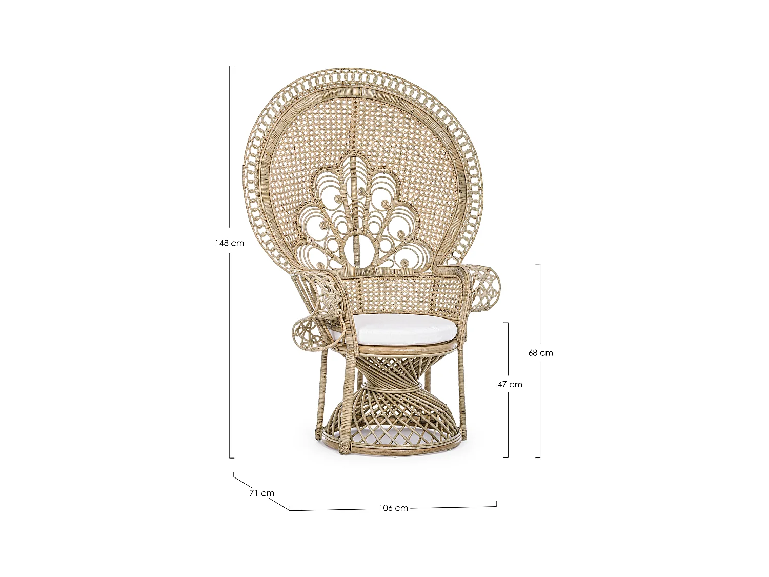 Pauwvormige fauteuil van natuurlijk rotan met Pero kussen