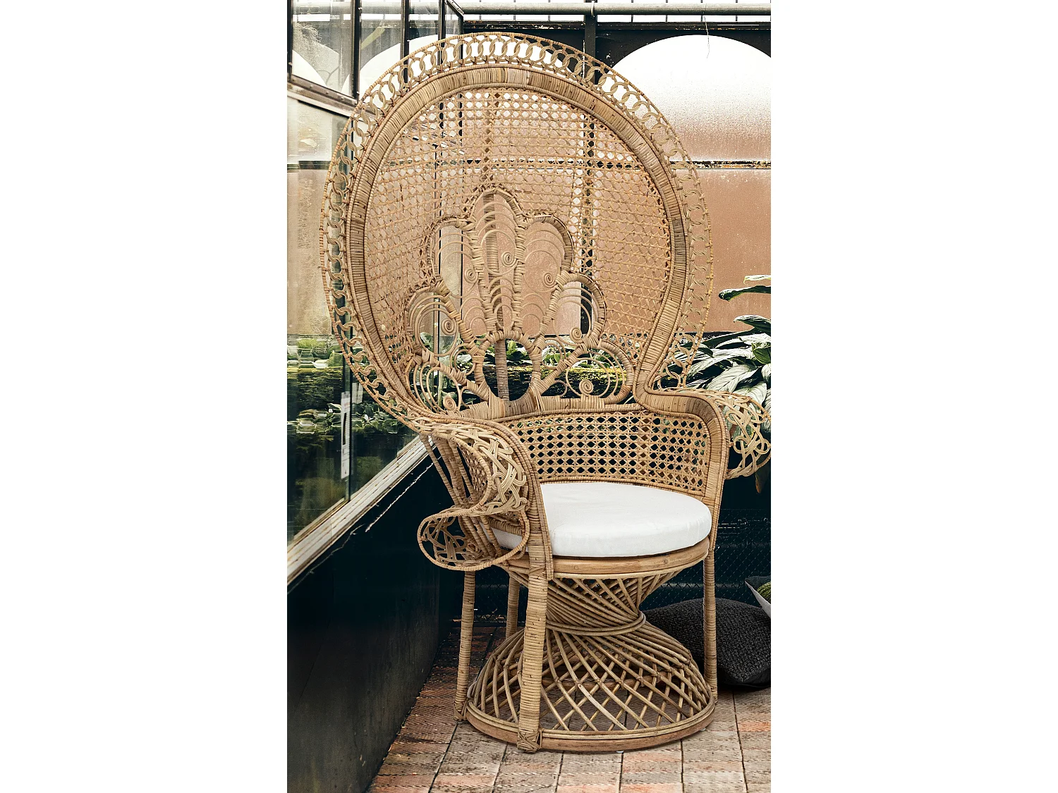 Sillón en forma de pavo real de ratán natural con cojín Pero