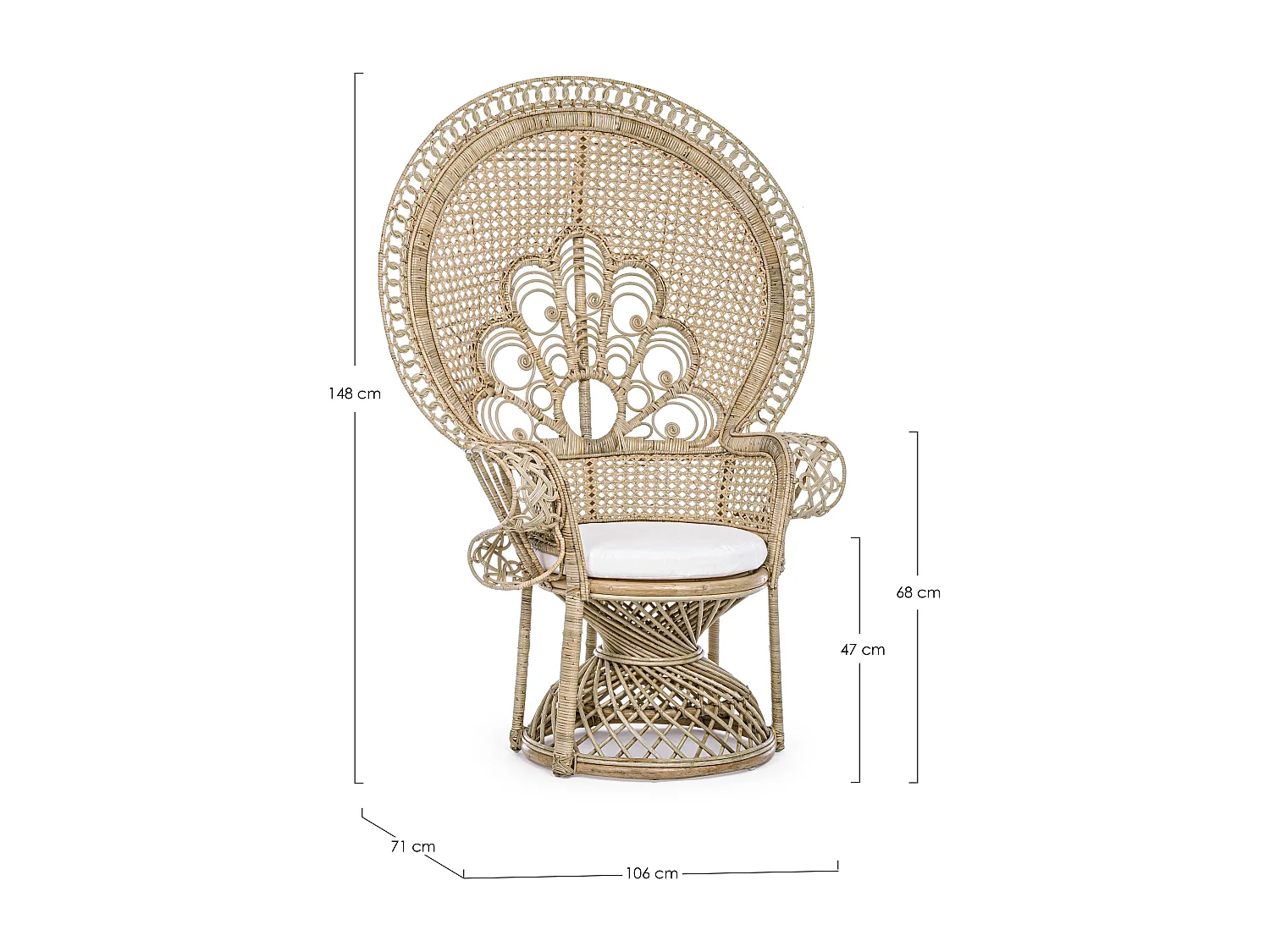 Sillón en forma de pavo real de ratán natural con cojín Pero
