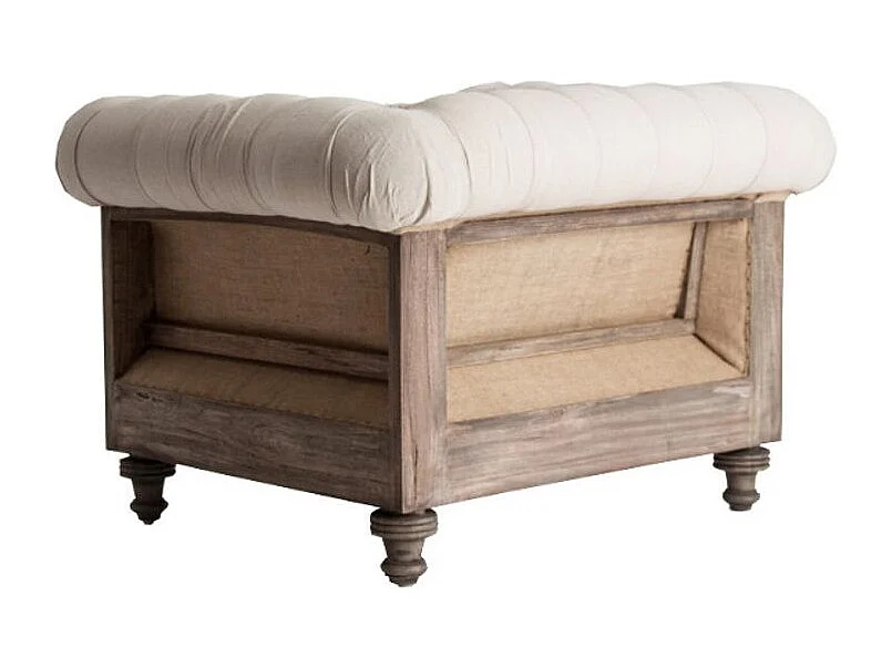 Fauteuil large tissu beige et bois tropical clair vieilli Nothi