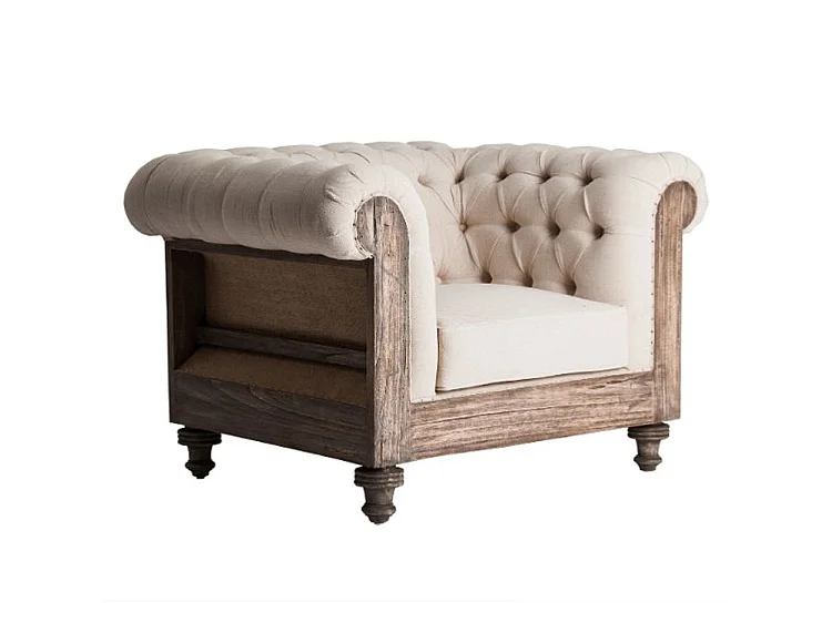 Sillón ancho Nothi de tela beige y madera tropical clara envejecida