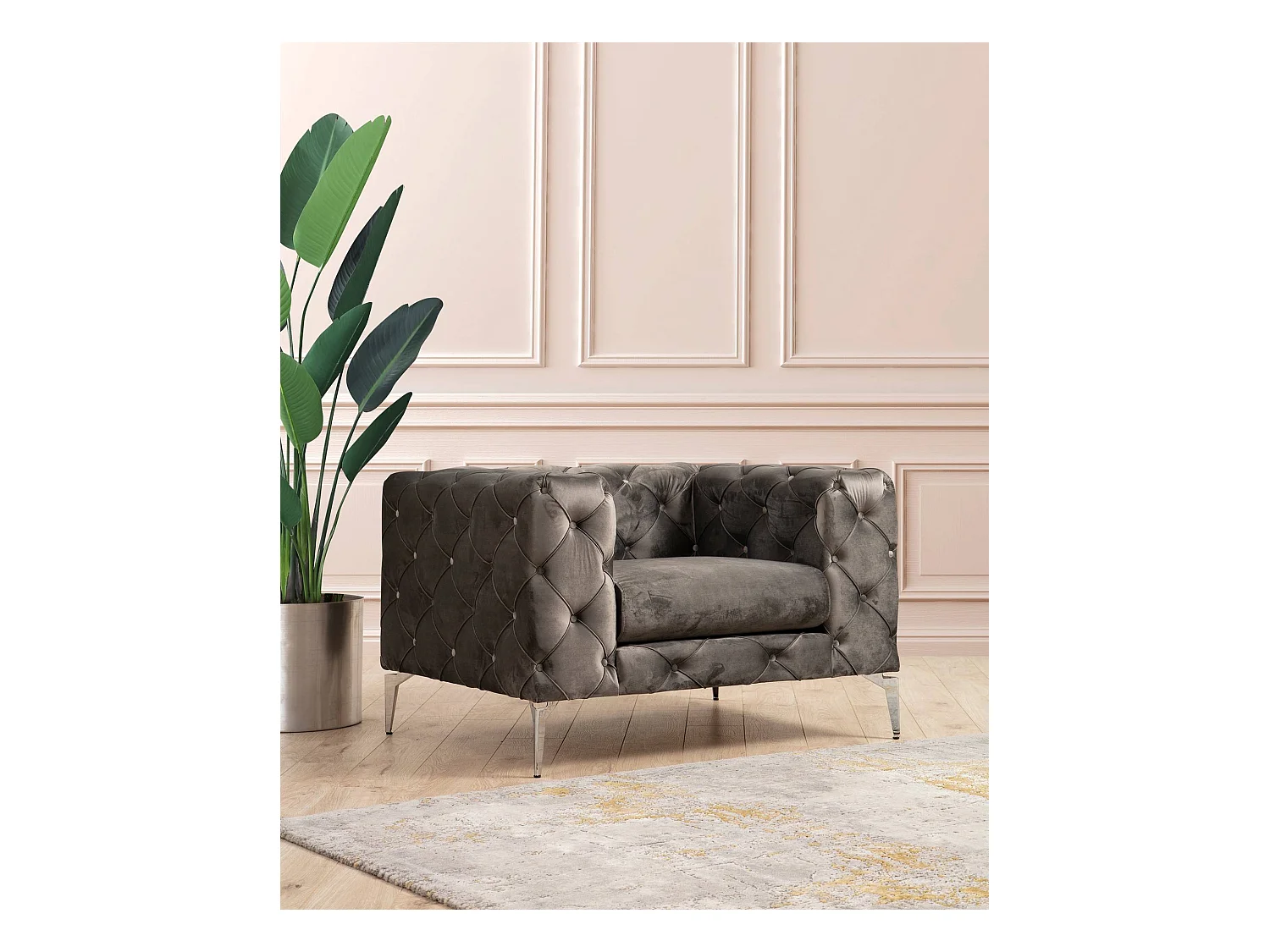 Fauteuil capitonné velours gris foncé et pieds chromés Herakles 108cm