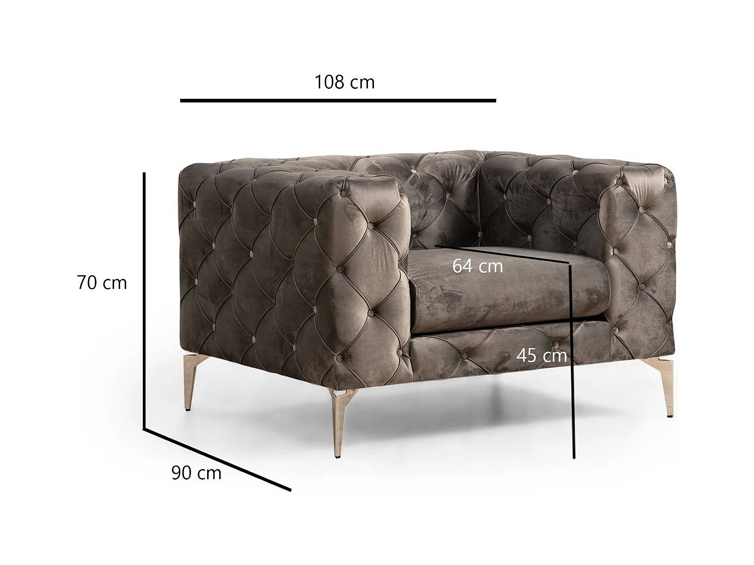 Fauteuil capitonné velours gris foncé et pieds chromés Herakles 108cm