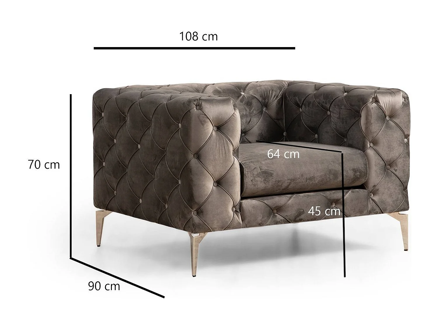 Fauteuil capitonné velours gris foncé et pieds chromés Herakles 108cm