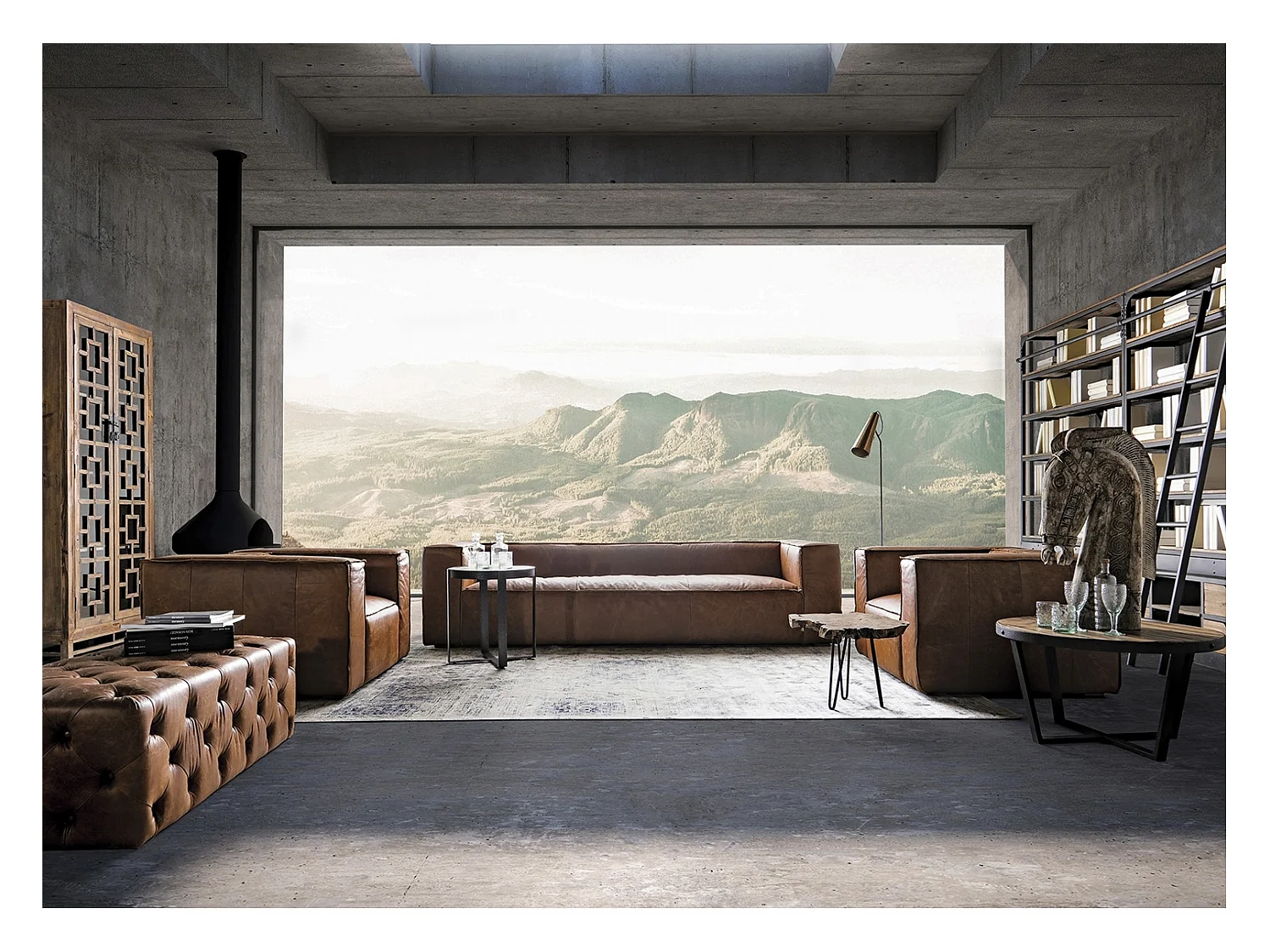 Fauteuil large cuir marron Korza