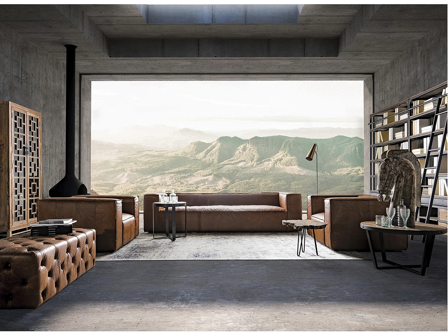 Fauteuil large cuir marron Korza