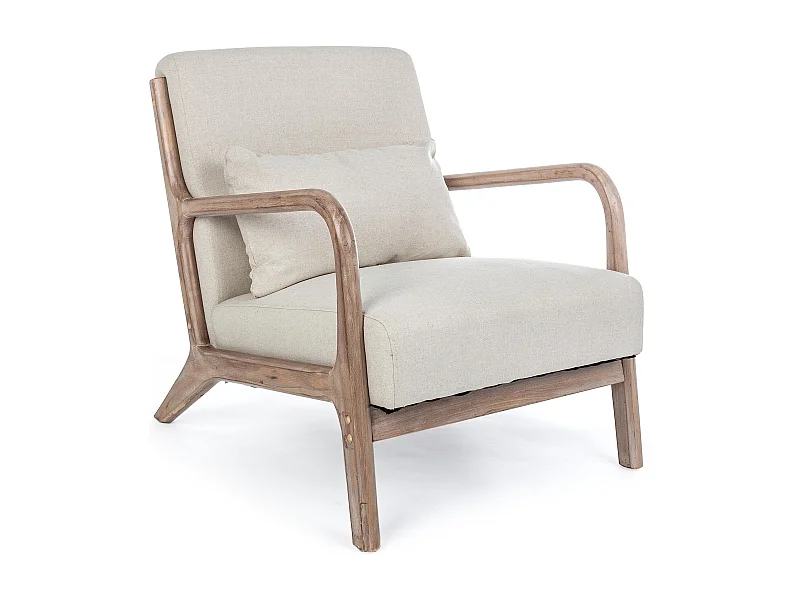 Fauteuil tissu beige clair et pieds en bois d'hévéa Silla