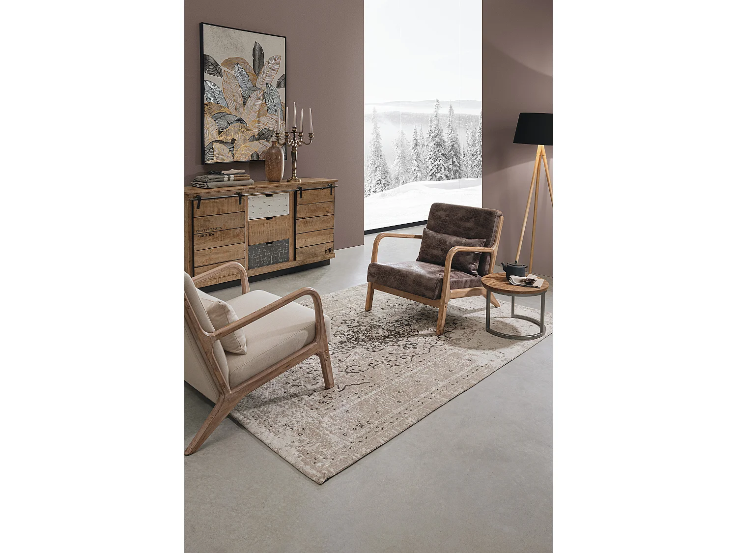 Fauteuil tissu beige clair et pieds en bois d'hévéa Silla