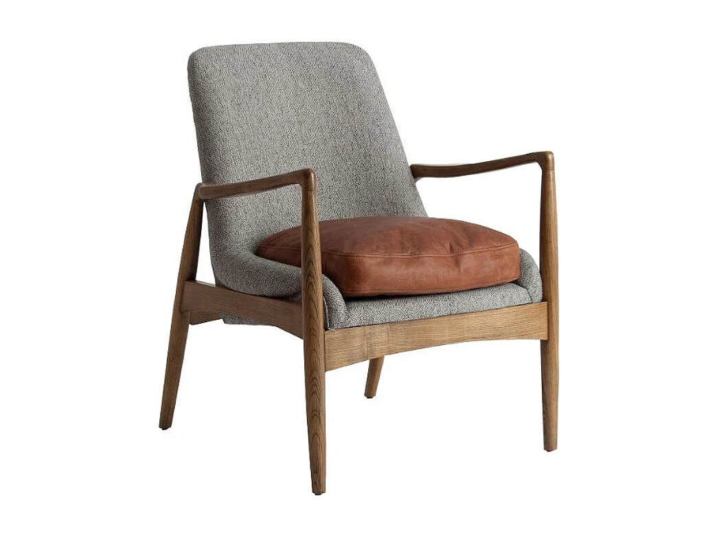 Fauteuil tissu gris coussin cuir marron et pieds pin massif clair Pierig