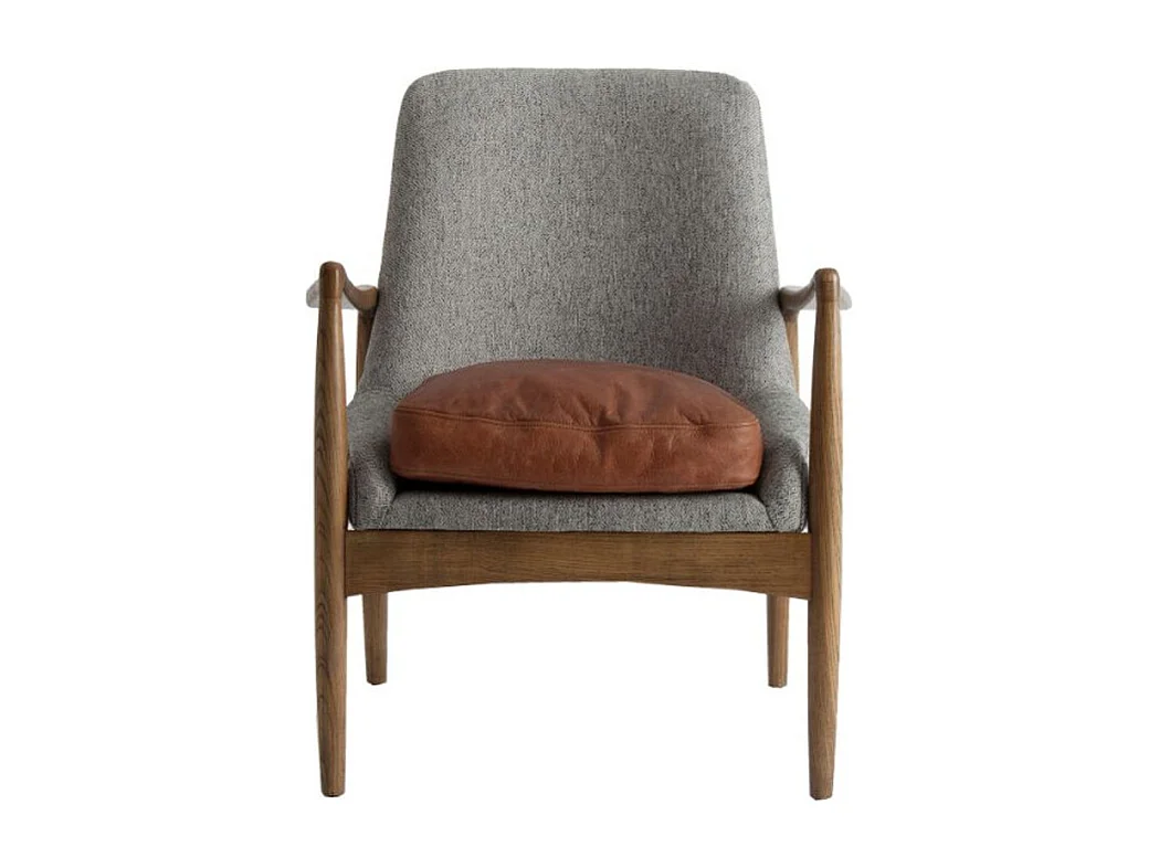 Fauteuil tissu gris coussin cuir marron et pieds pin massif clair Pierig