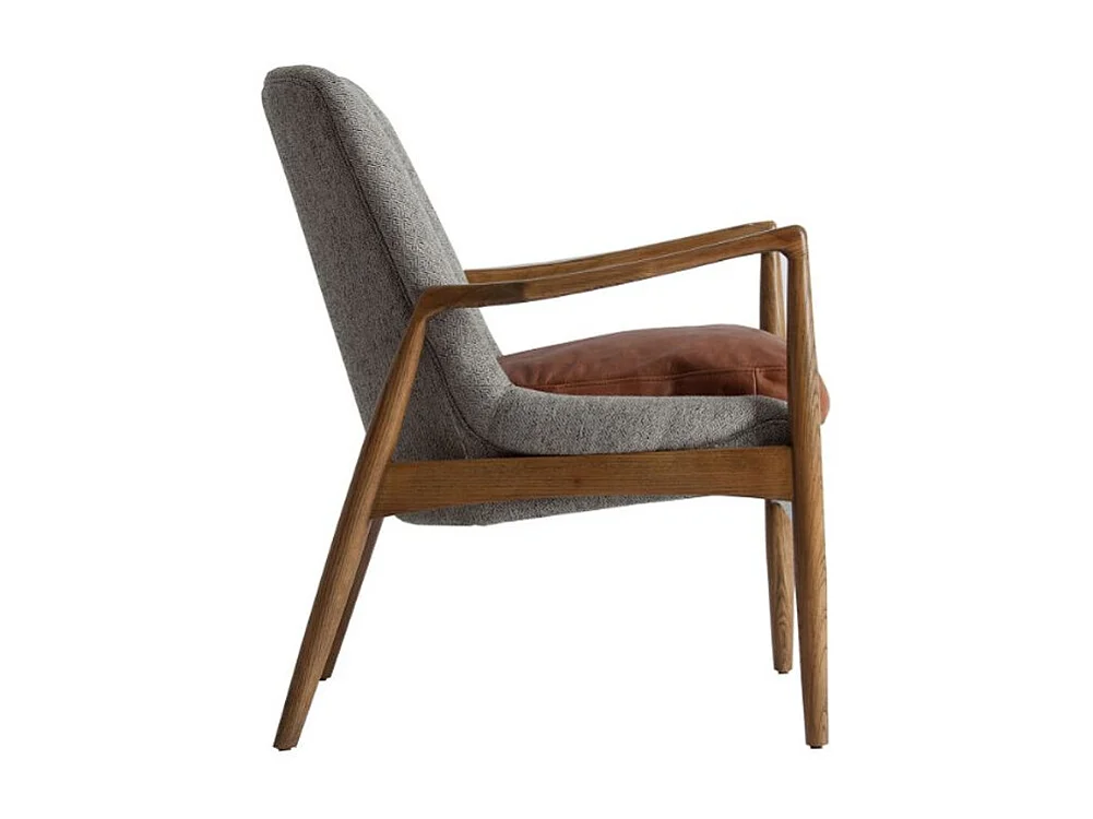 Fauteuil tissu gris coussin cuir marron et pieds pin massif clair Pierig