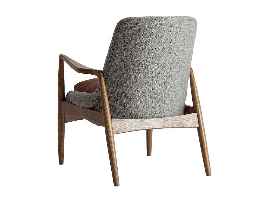 Fauteuil tissu gris coussin cuir marron et pieds pin massif clair Pierig