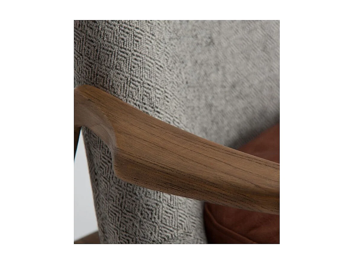 Fauteuil tissu gris coussin cuir marron et pieds pin massif clair Pierig