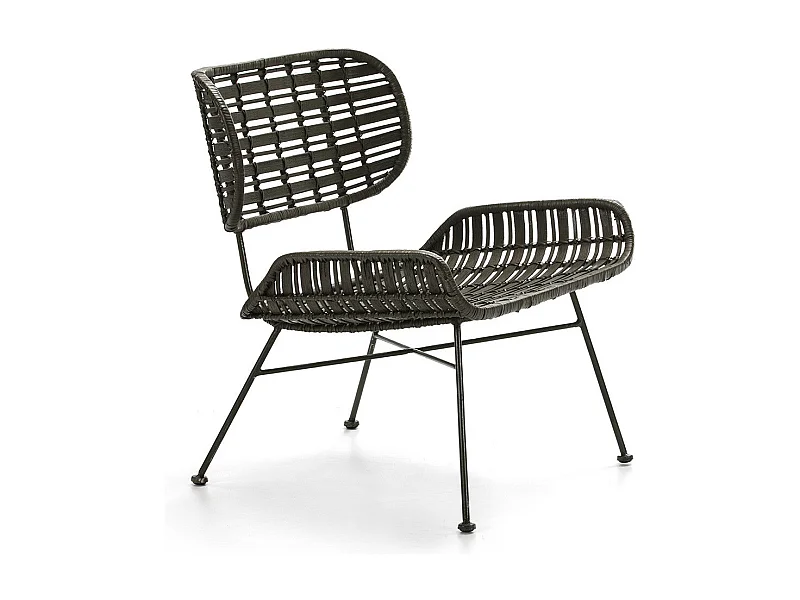 Fauteuil osier tissé vert foncé et pieds métal