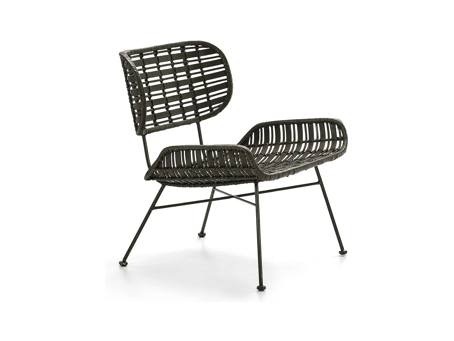 Fauteuil osier tissé vert foncé et pieds métal